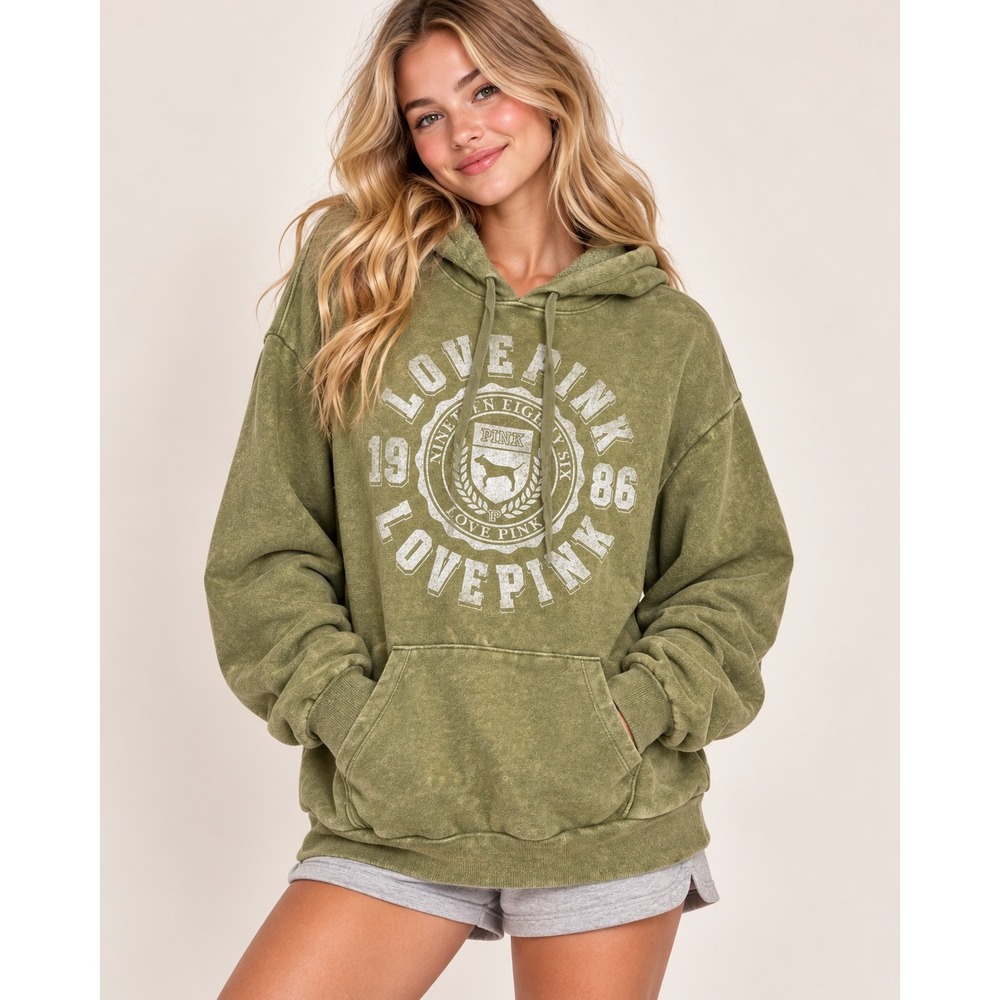 Victoria's Secret PINK Everyday Lounge Campus Hoodie XL Olive Green Acid Wash